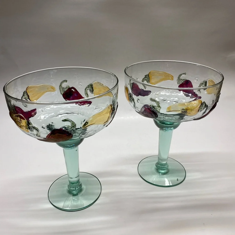 Artisanal Hand Blown Mexican Margarita Glasses Chili Pepper Motif Vintage ‘90s
